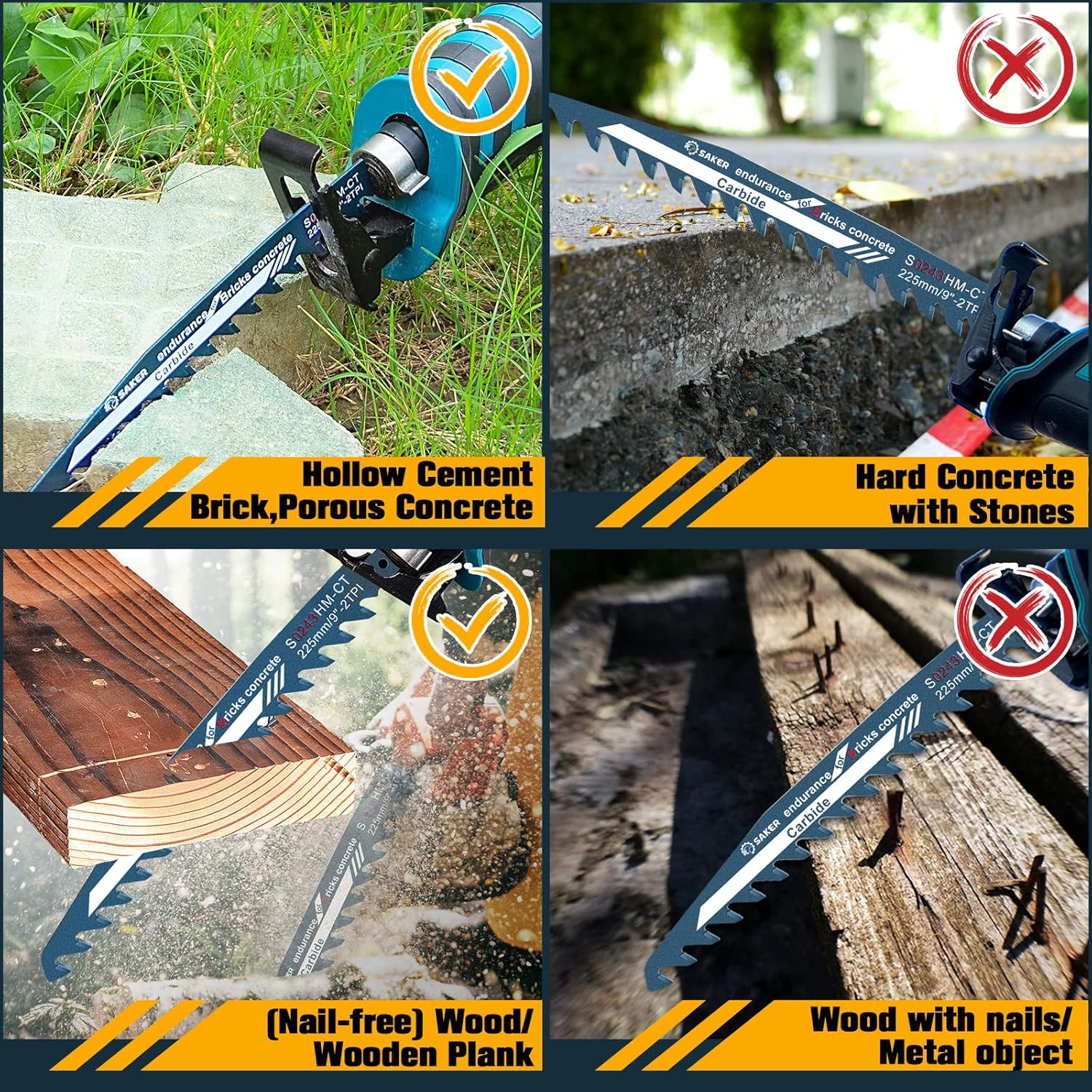 Saker Saw Blade-Demolition Masonry Reciprocating Hard Alloy Saw Blades for Cutting Wood,Porous Concrete,Brick 9”/225mm Pack of 2