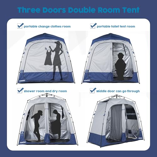 Camping Shower Tent Deluxe Changing Room Easy Set Up Privacy Shelter,Large Toilet Tent 2 Rooms with Floor Drain Design for Beach, Camping