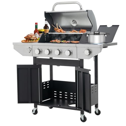 4-Burners Propane Gas Grill with Side Burner, Outdoor Stainless Steel BBQ Grill Built-in Thermometer