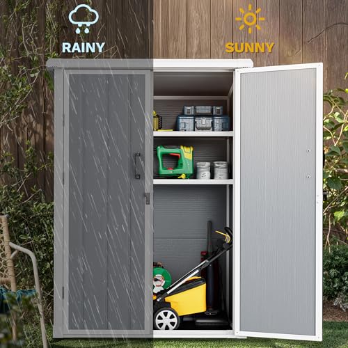 DWVO 60 Cuft Outdoor Tall Storage Shed with 2 Shelves, Weatherproof Vertical Tool Shed with Floor & Lockable Doors