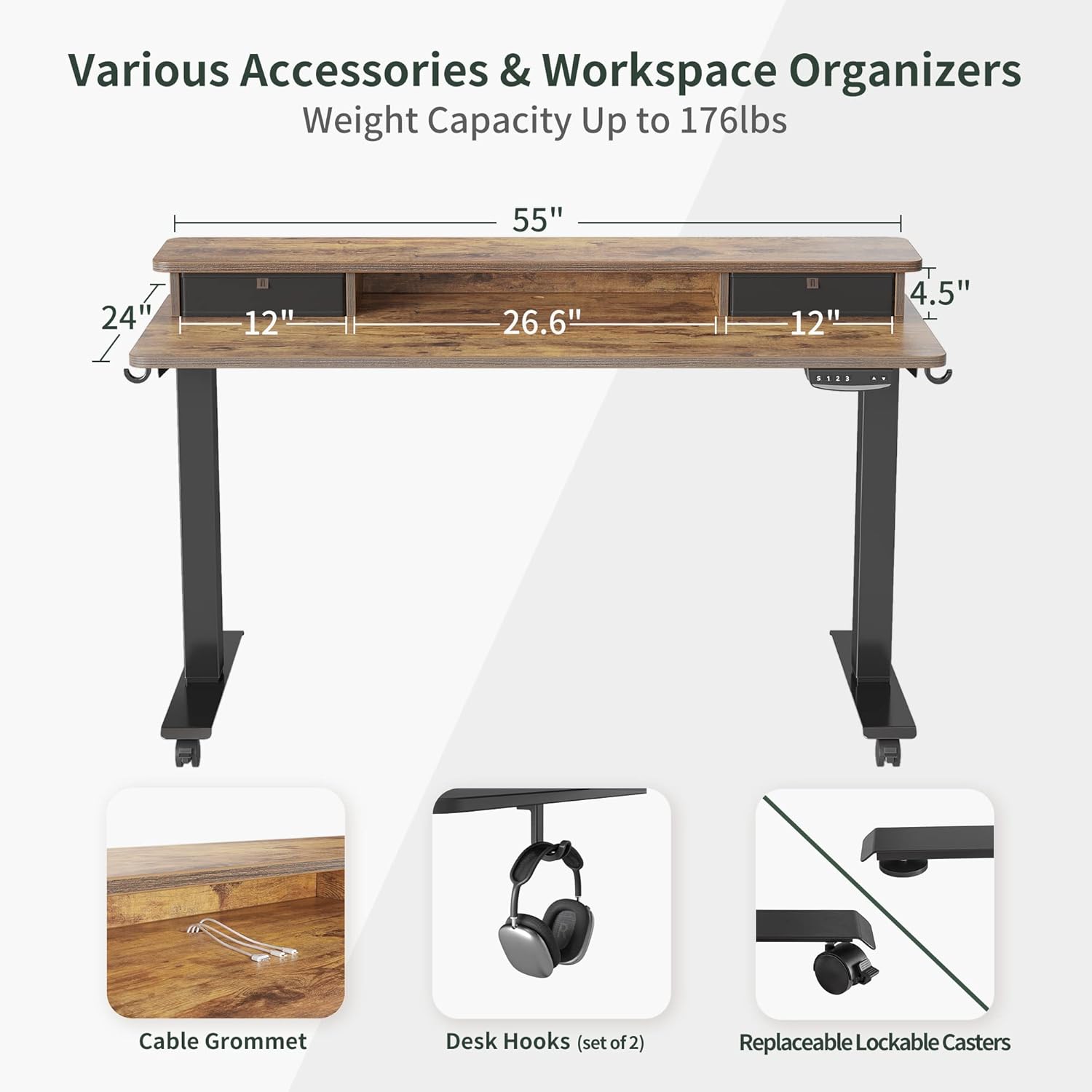 FEZIBO 55"x24" Height Adjustable Electric Standing Desk with Double Drawer 2-Drawer File Cabinet with Lock for Home Office, Rolling Filing Cabinet