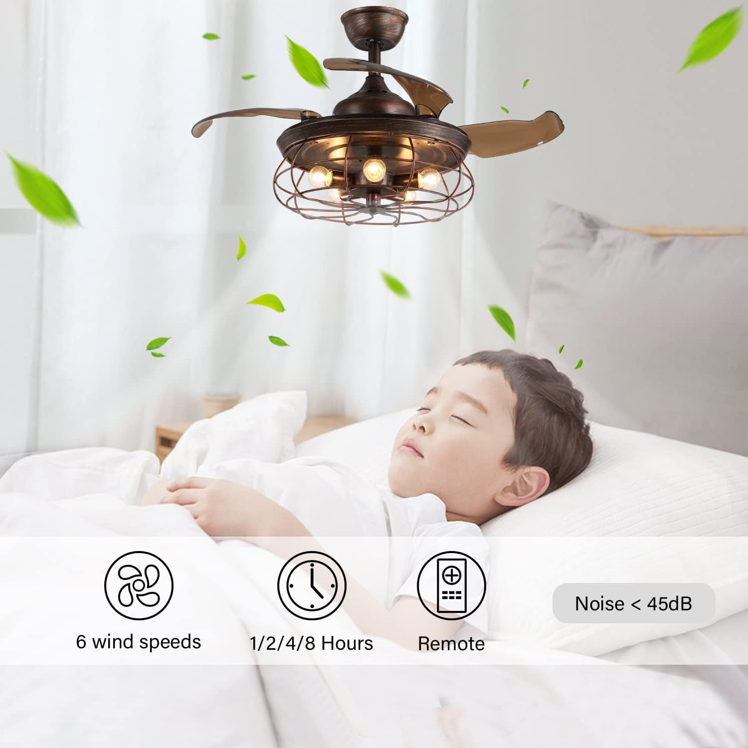SILJOY 48 Inches Industrial Ceiling Fan with Lights, Vintage Cage Ceiling Fan with Remote Control, 6 Fan Speed