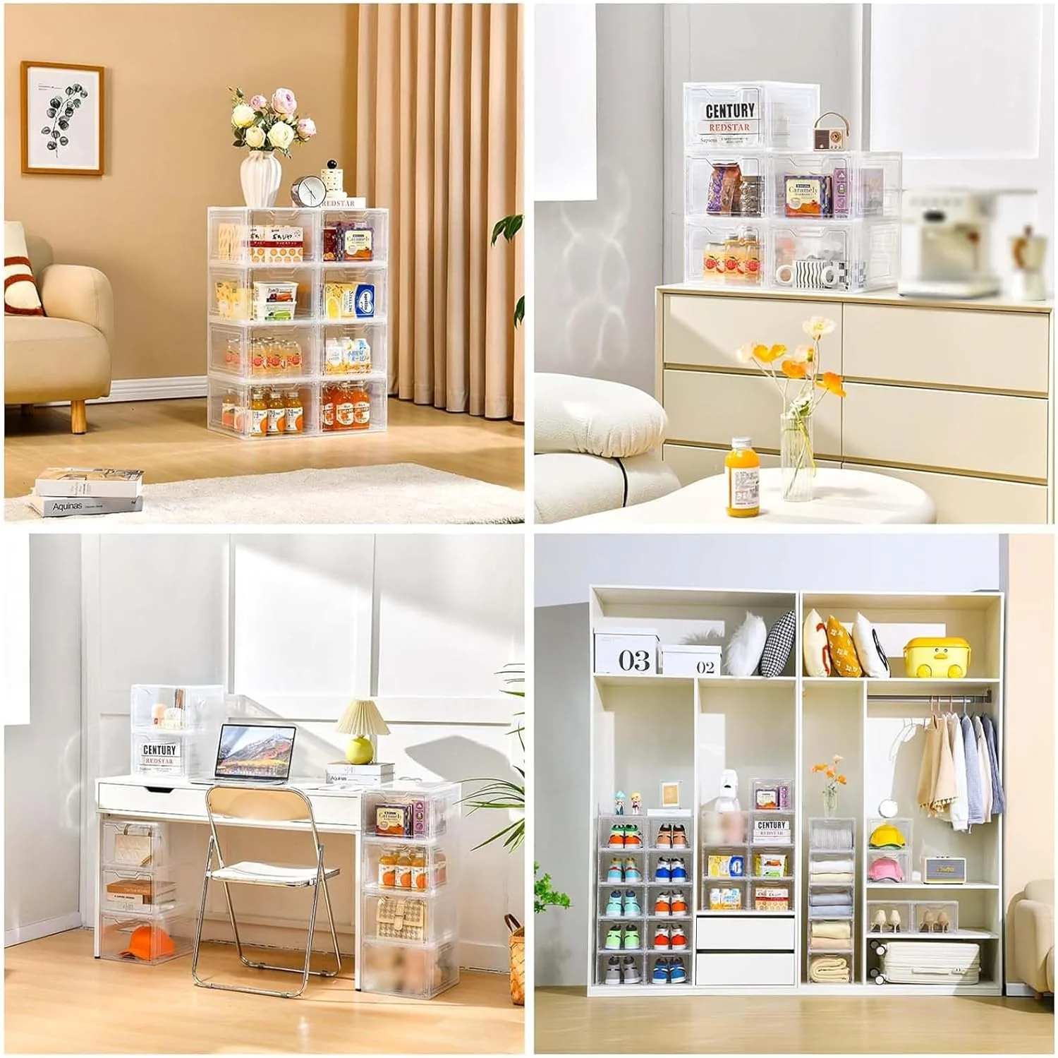 6 Pack Closet Organizers and Storage,Clear Stackable Plastic Storage Bins with Lids Magnetic Doors,Clothes Organizers and Storage