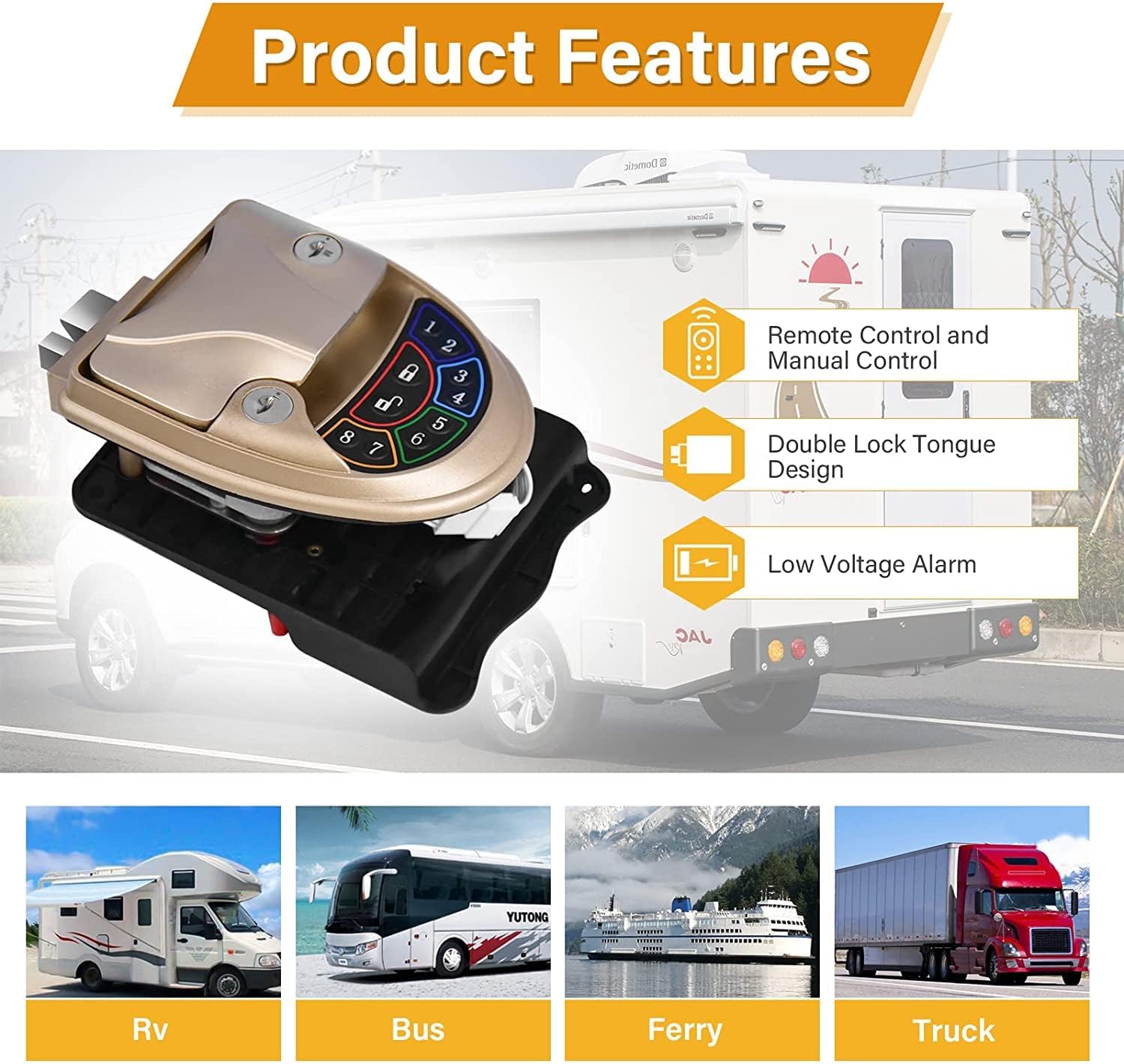 Rv Keyless Entry Door Lock, Waterproof RV Door Lock with Backlit Keypad & 2 Fobs & Key, Keyless Rv Entry Door Lock for RV Caravan Trailer Camper