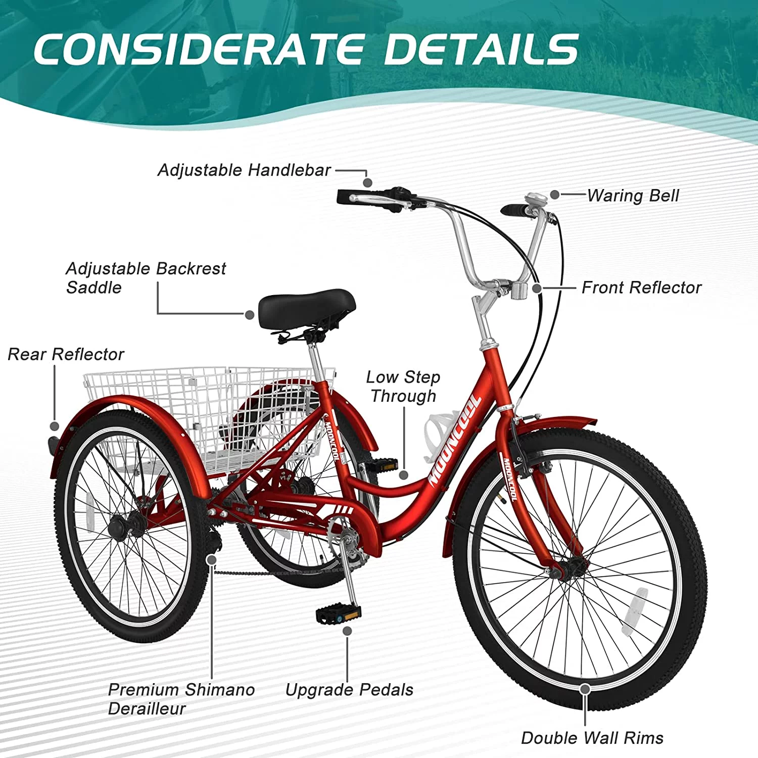 Docred Adult Tricycle 7 Speed 24 Inch Three Wheel Bike Cruiser Trike for Men/Women/Seniors
