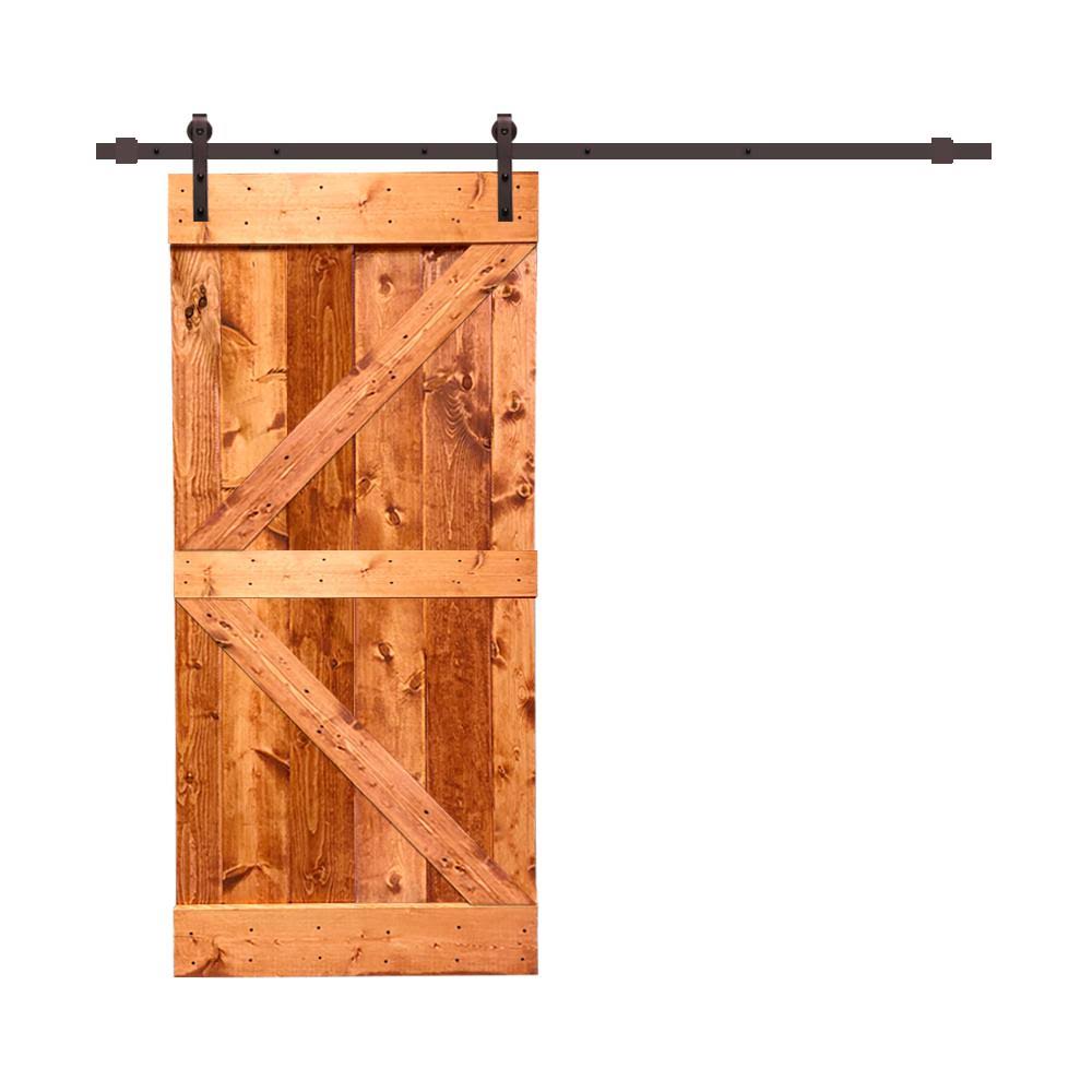 CALHOME Distressed K Series 36 in. x 84 in. Red Walnut Stained Pine Wood Interior Sliding Barn Door with Hardware Kit