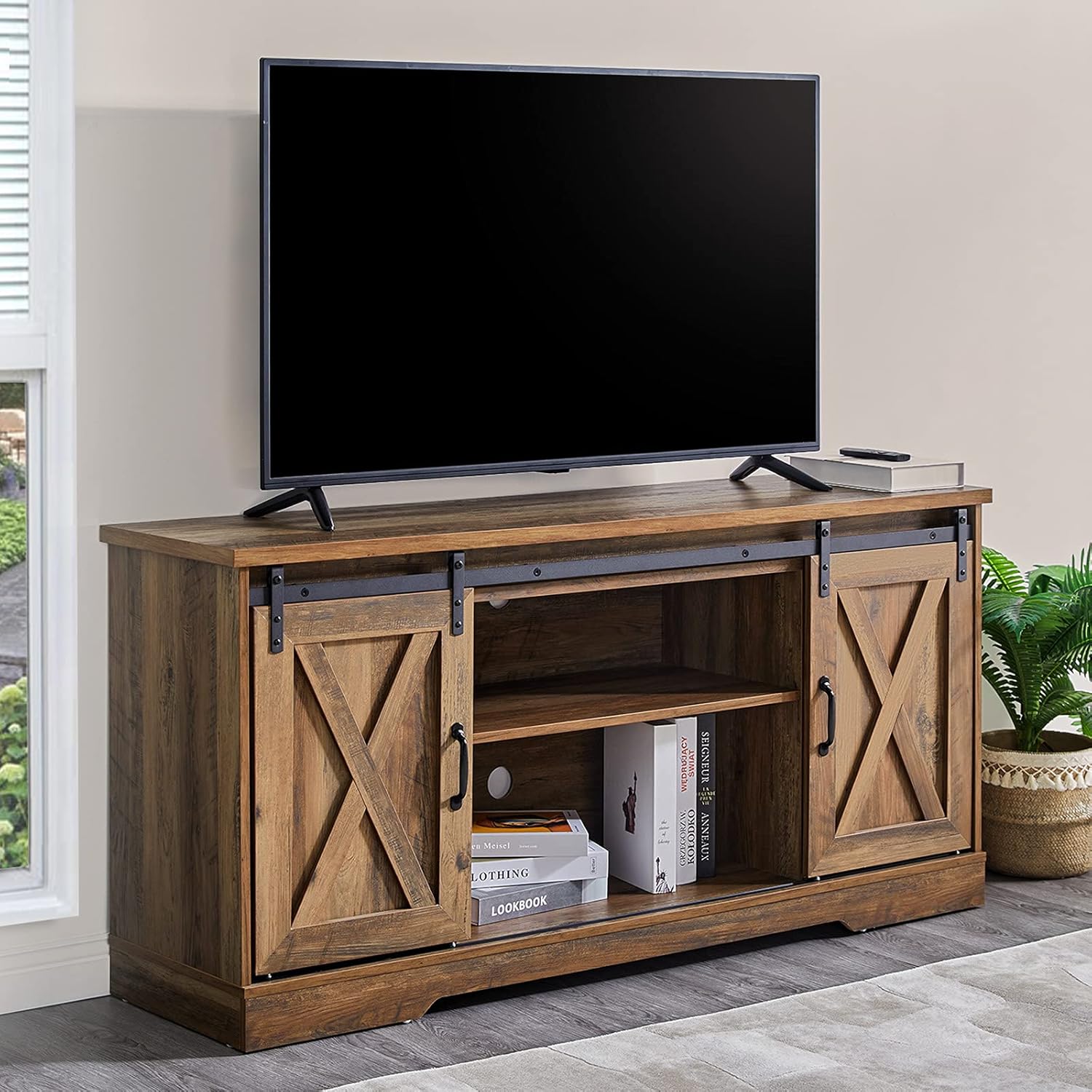 Amerlife TV Stand Sliding Barn Door Farmhouse Wood Entertainment Center, Storage Cabinet Table Living Room with Adjustable Shelves for TVs Up to 65