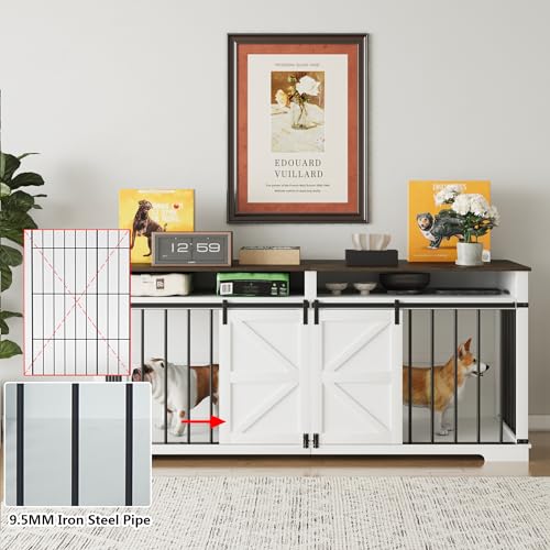 Aoowow Large Double Dog Crate Furniture 72.4" Indoor Dog Kennel with Sliding Barn Door and Divider