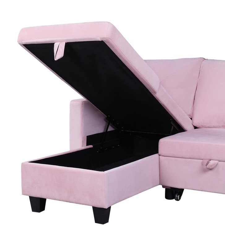 Bibury Reversible Sleeper Sectional Sofa with Storage Chaise in Velvet Fabric (Pink)