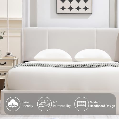 VELOCAVA Queen Size Lift Up Storage Bed with Modern Wingback Headboard, Upholstered Platform Bed with Fabric with Hydraulic Support Bars