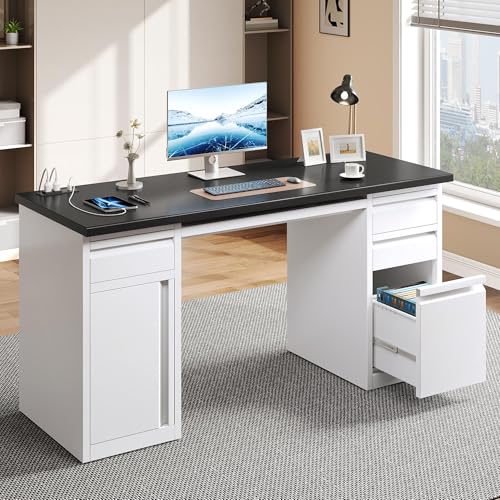 YITAHOME Office Desk with 5 Drawers, Executive Desk with Power Outlets, 57 Inch Computer Desk with File Cabinet, Keyboard Tray