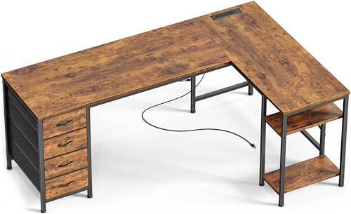 Huuger 63 Inch L Shaped Desk with Fabric Drawers, Reversible Computer Gaming Desk with Power Outlets and USB-C Port, Adjustable Side Storage Shelves