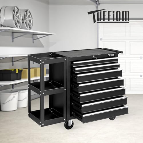 TUFFIOM 7-Drawer Rolling Tool Chest with Side Shelves, Tool Storage Side Cabinet w/Lockable Wheels, Top Cushion & Drawer Liners