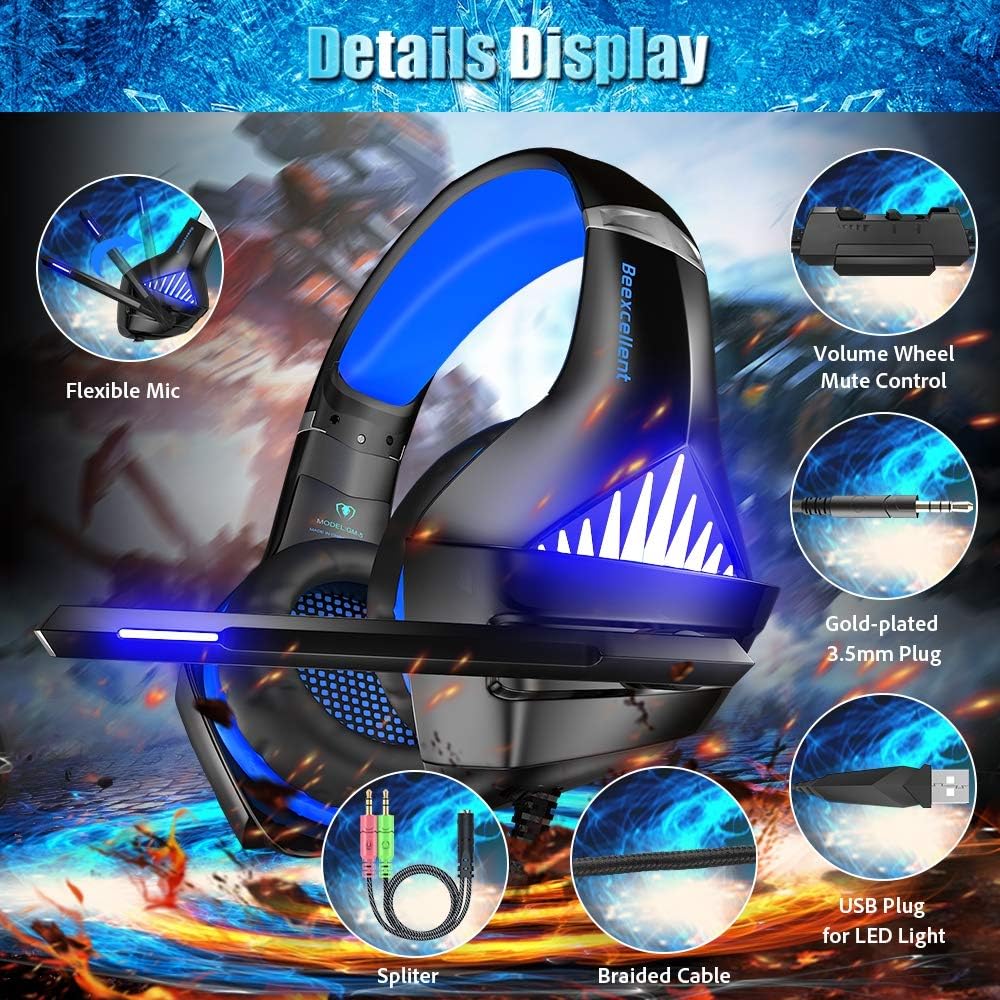 BENGOO GM-5 Stereo Gaming Headset for Xbox One, PS4, PC with Mouse, Noise Cancelling Over Ear Headphones with Mic, LED Light