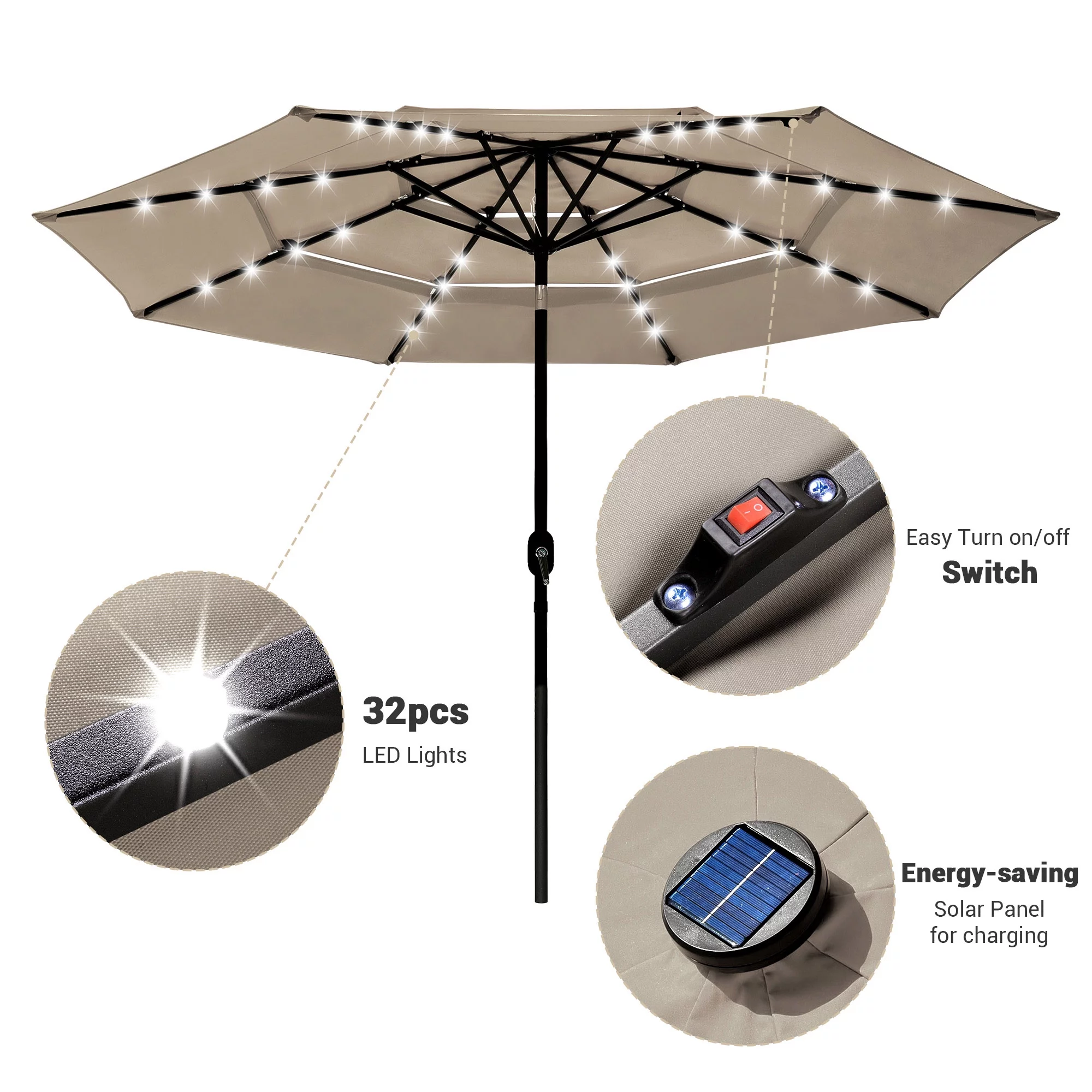 Yescom 10 Ft 3 Tier Patio Umbrella with Solar LED Crank Tilt Button Garden - Radiant Selections