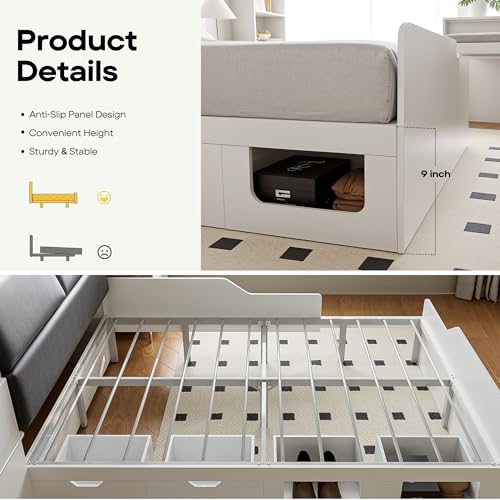 Full Platform Bed Frame with Foldable Desk, Daybed with Storage Headboard, Bookcase, 4 Drawers, LED Light & Charging Station, No Box Spring Needed