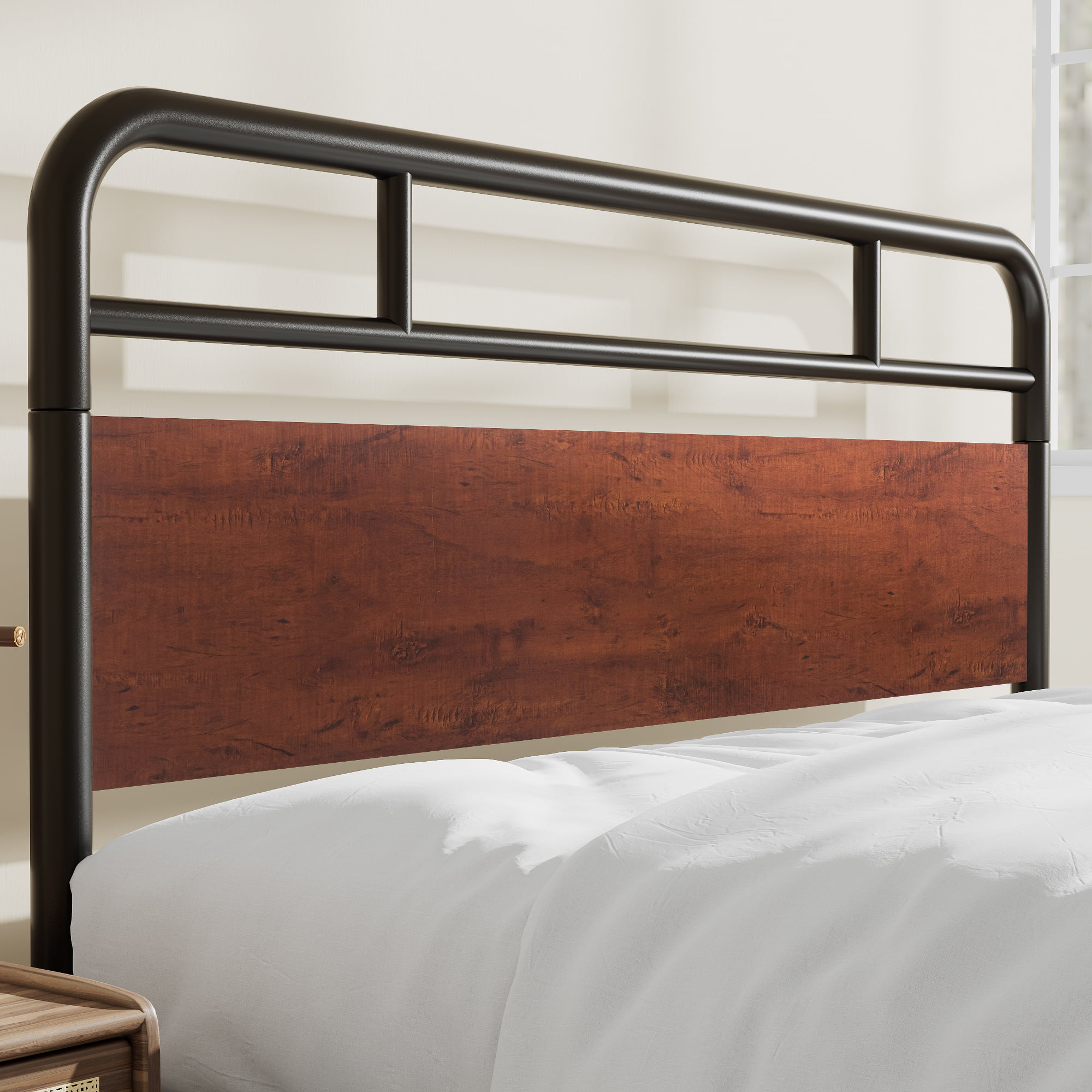 Sha Cerlin Dark Brown Queen Size Metal Platform Bed Frame with Industrial Heavy Duty Wooden Headboard