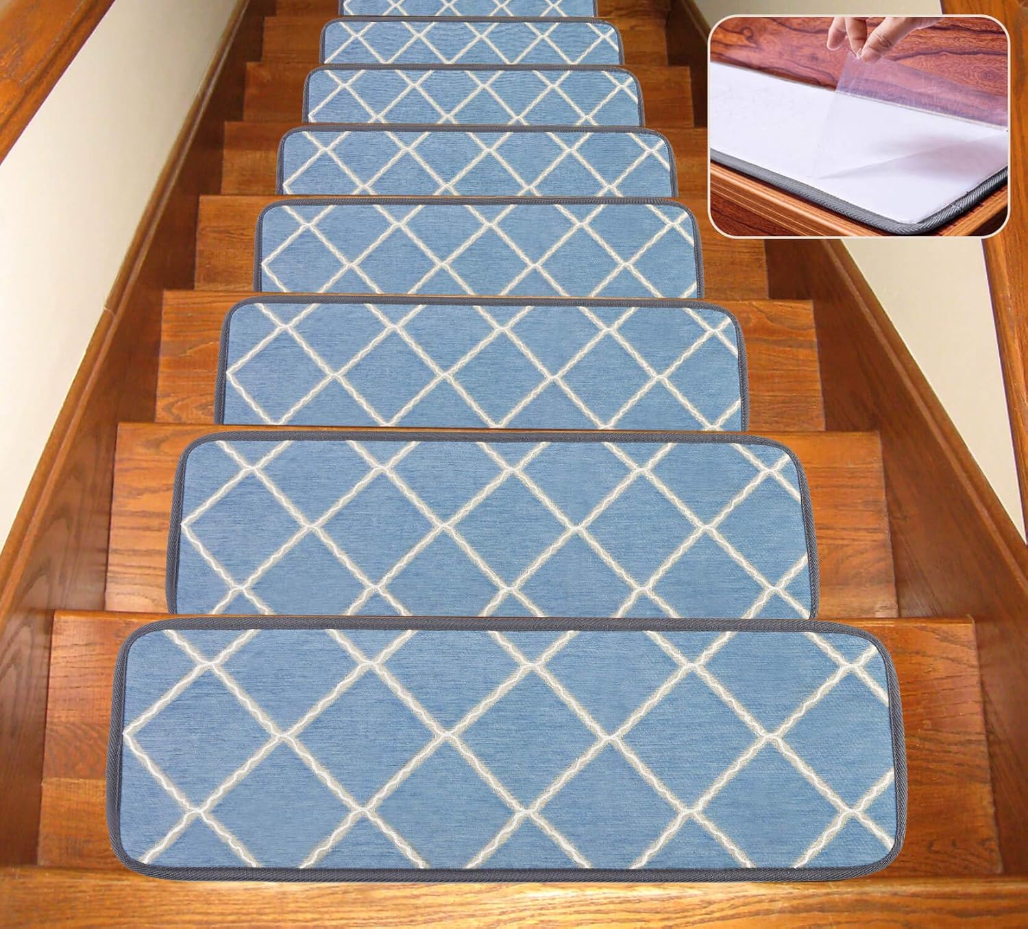 Seloom Blue Non-Slip Stair Treads Carpet with Skid Resistant Rubber Backing and Modern Moroccan Diamond Trellis Design for Indoor Wooden Steps