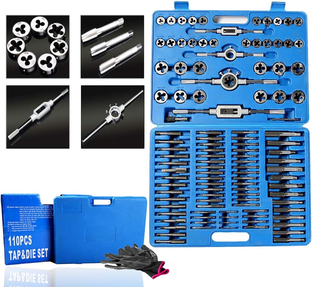 110 Piece Combination Tap and Die Set Alloy Steel 55°- 60° Metric Tools with Carrying Case + Free Glove Amazing Tour