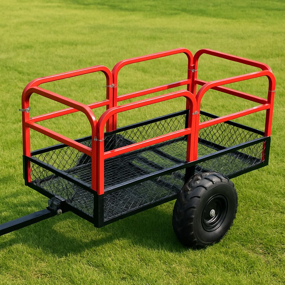 Heavy Duty ATV Trailer Dump Car, Utility Steel Yard Trailer, 1700-Pound Capacity Garden Dump Carts, Hand Pull or Foot Pedal Dump Cart for ATV, UTV
