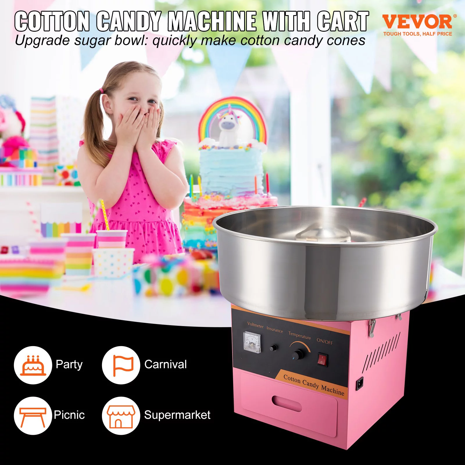 BENTISM Cotton Candy Machine Maker 21 Inch Stainless Steel Bowl