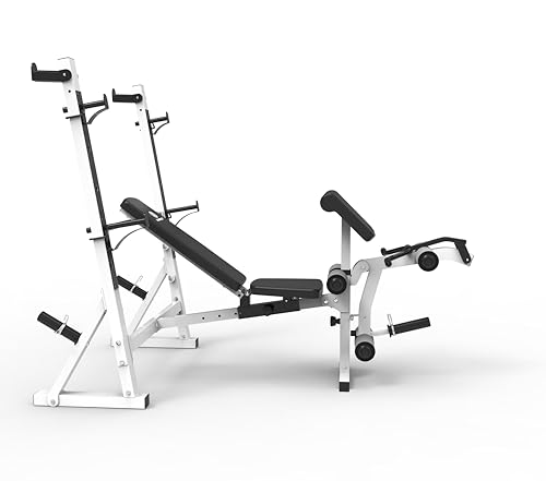 Marcy Olympic Workout Bench for Home Gym Strength Training Equipment with Preacher Curl Pad and Weight Rack Storage, White/Black