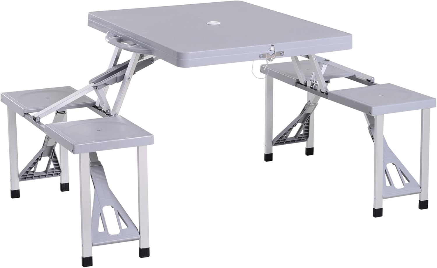 Outsunny Portable Foldable Camping Picnic Table Set with Four Chairs and Umbrella Hole, 4-Seats Aluminum Fold Up Travel Picnic Table, Blue