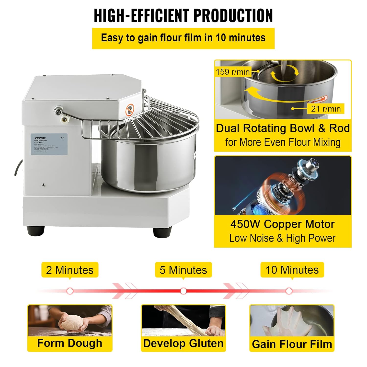 VEVOR Commercial Food Mixer, 7.3Qt Capacity, 450W Dual Rotating Dough Kneading Machine with Food-grade Stainless Steel Bowl