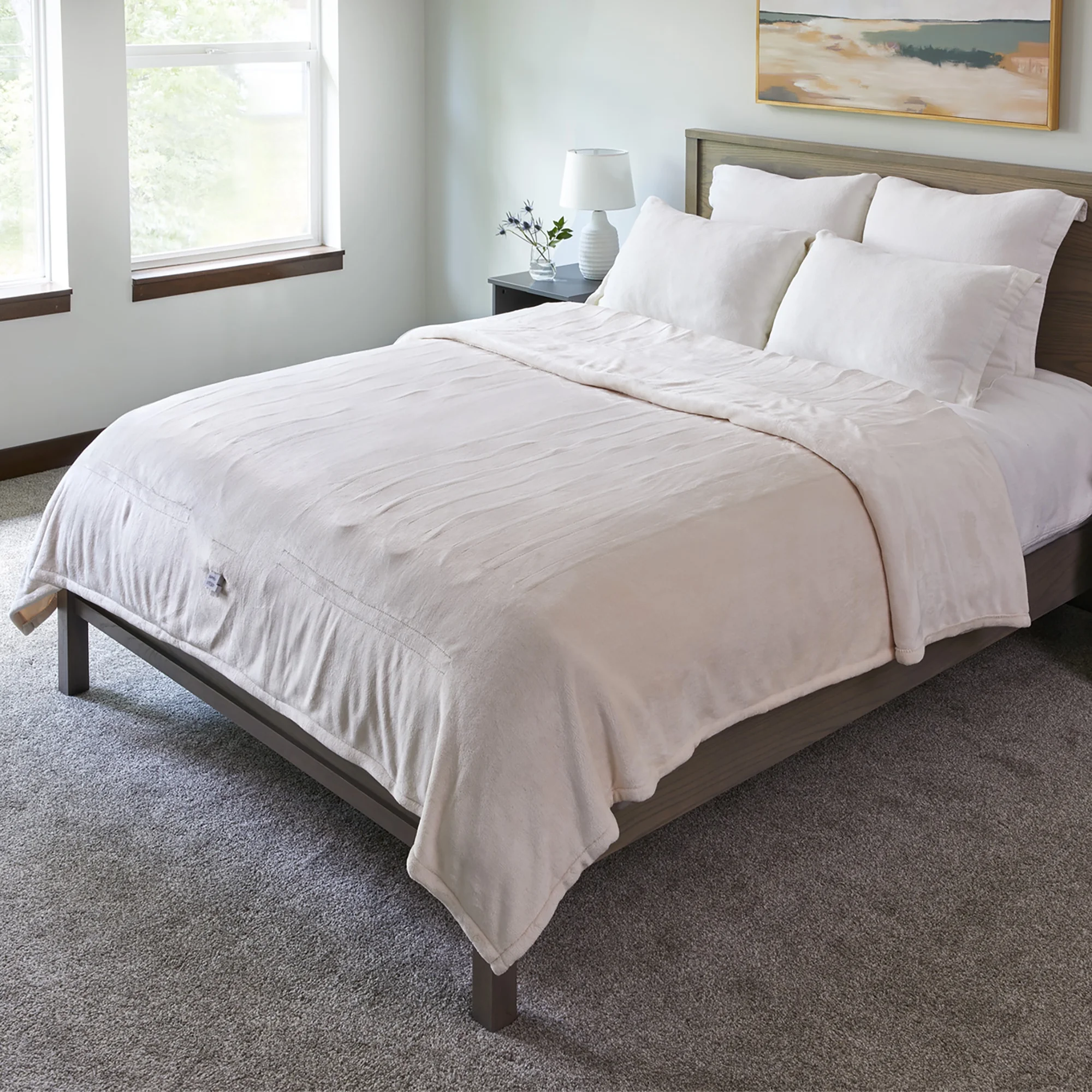 Sunbeam Cream Nordic Velvet Electric Heated Blanket Twin Size, 84" x 62", 12 Heat Settings, Fast Heating, Heating Blankets with Controller