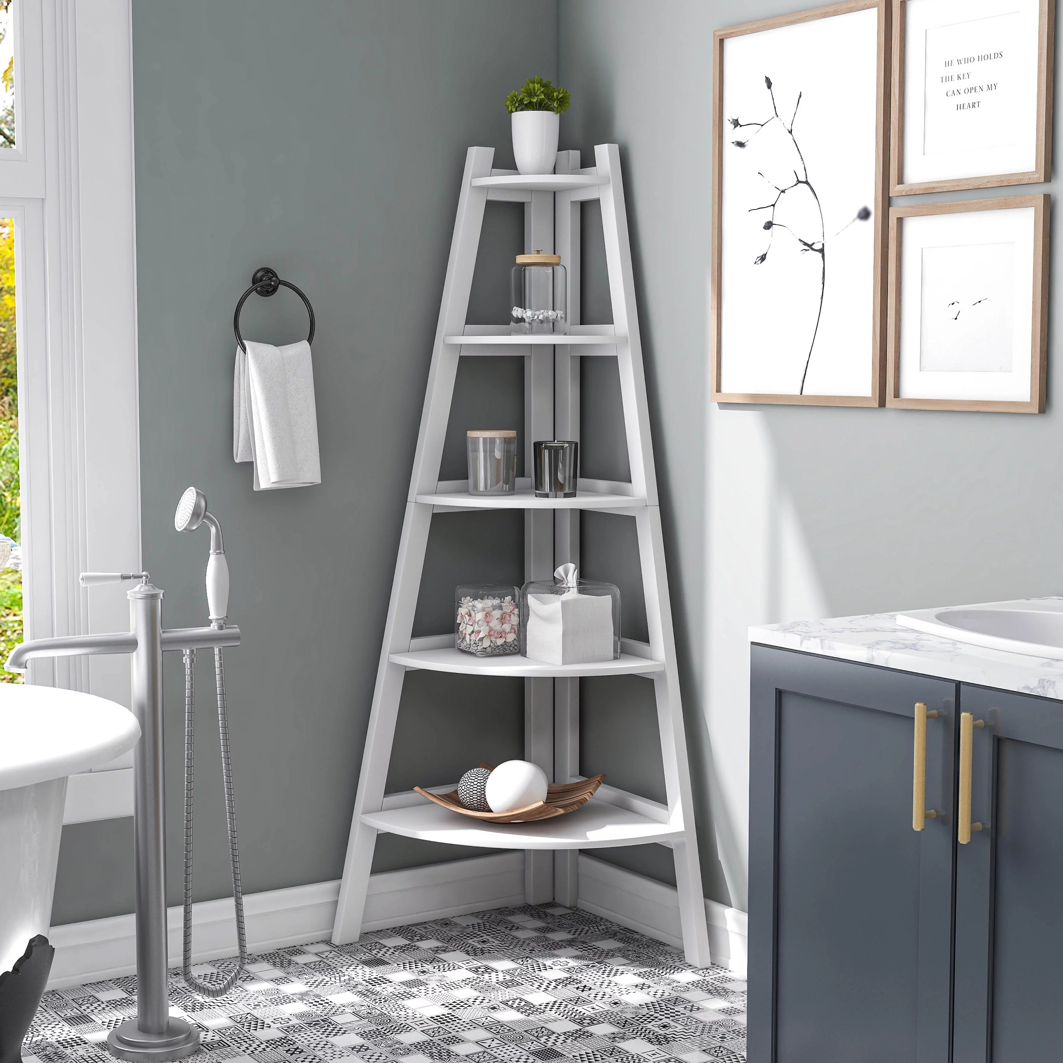 Denhour DH BASIC Space Saving Tiered 5-shelf Corner Bookshelf by  Cherry Cherry Finish, Wood Finish Traditional, Classic