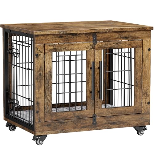 Lulive Dog Crate Furniture for Medium Dogs, 32'' Dog Kennel Indoor with Cushion & Wheels Wooden Dog Cage Double Doors Dog Crate End Table, Grey
