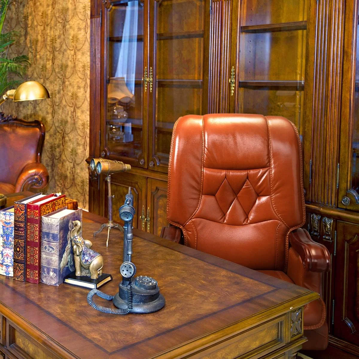 Kinnls Evan Massage Office Chair with Footrest Genuine Leather Vintage Managerial Executive Chair Fully Reclining with Solid Wood Handrail