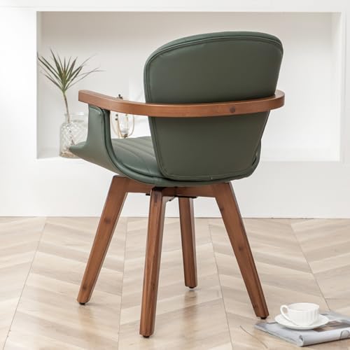 LUNLING Swivel Dining Chairs Set of 2, Mid Century Modern Gray Fabric+Faux Leather Kitchen Chairs with Arms,Bamboo Legs Side Chairs No Wheels