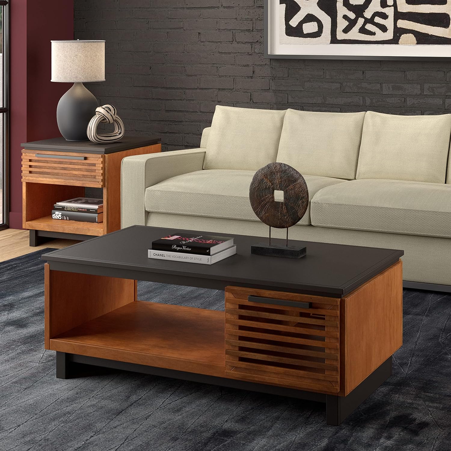 Bridgevine Home Graceland Modern Coffee Table, 47 inches, Fully Assembled, Poplar Solid Wood, Bourbon and Black Finish