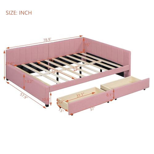 Twin Linen Fabric Upholstered Daybed with Trundle,Space-Saving Trundle Daybed Frame No Box Spring Needed