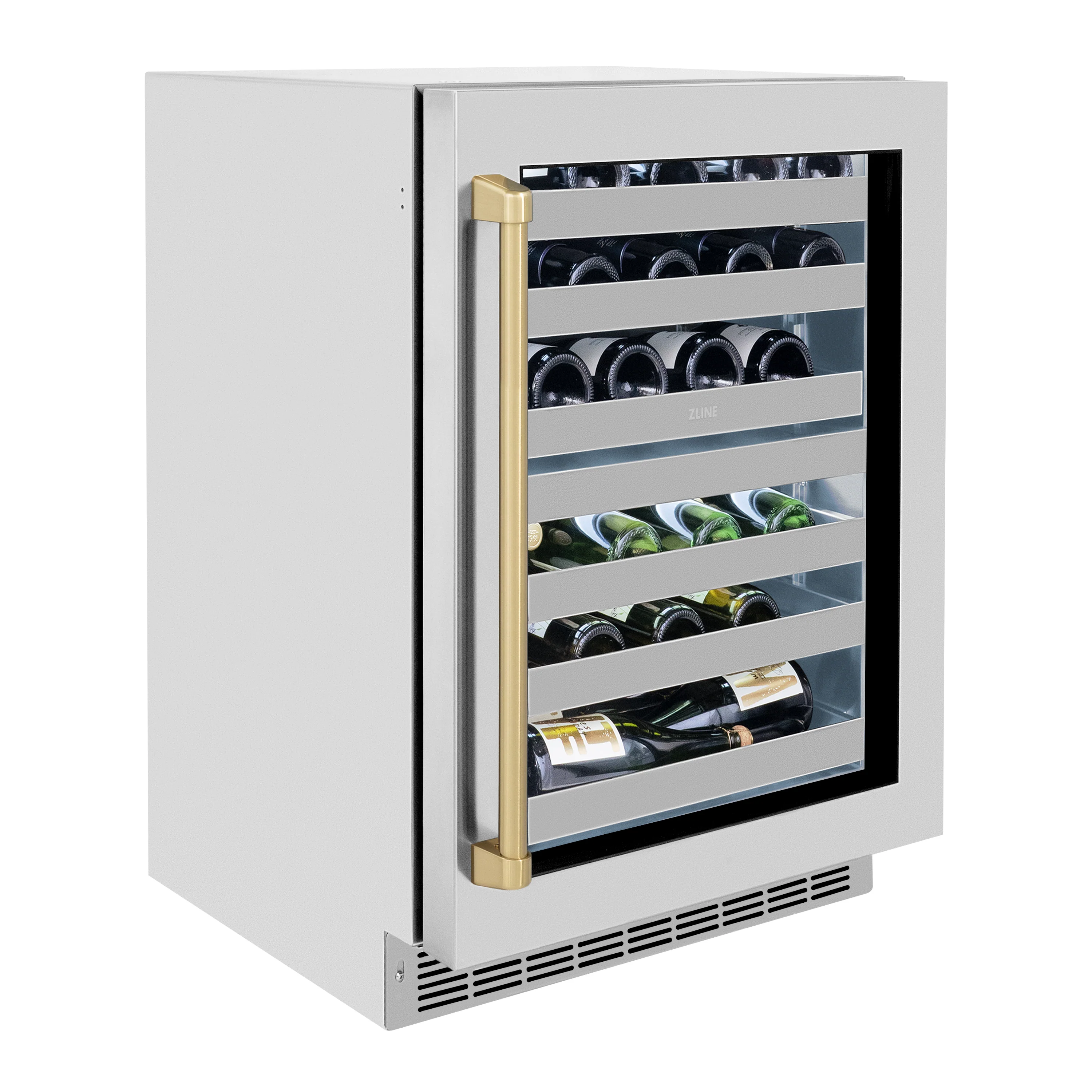 ZLINE Autograph 24 Touchstone Dual Zone 44 Bottle Wine Cooler with Stainless Steel Glass Door and Champagne Bronze Handle,  RWDOZ-GS-24-CB