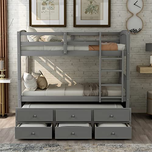Harper & Bright Designs Twin Over Twin Bunk Bed with Trundle, Wooden Bunk Bed with 3 Storage Drawers and Safety Rail, Can be Convertible to 2 Beds