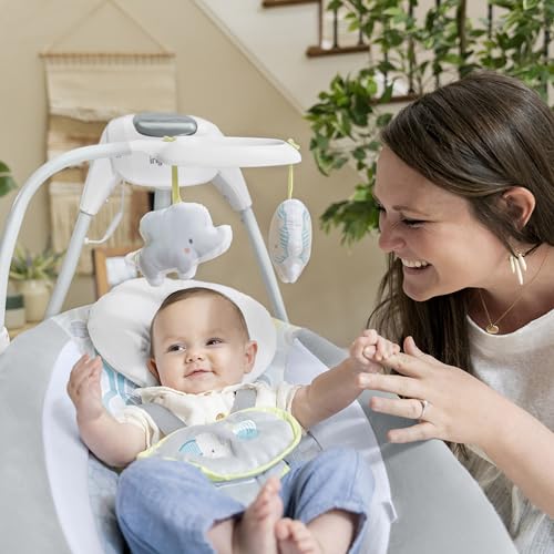 Ingenuity SimpleComfort Lightweight Compact 6-Speed Multi-Direction Baby Swing, Vibrations & Nature Sounds, 0-9 Months 6-20 lbs (Pink Cassidy)