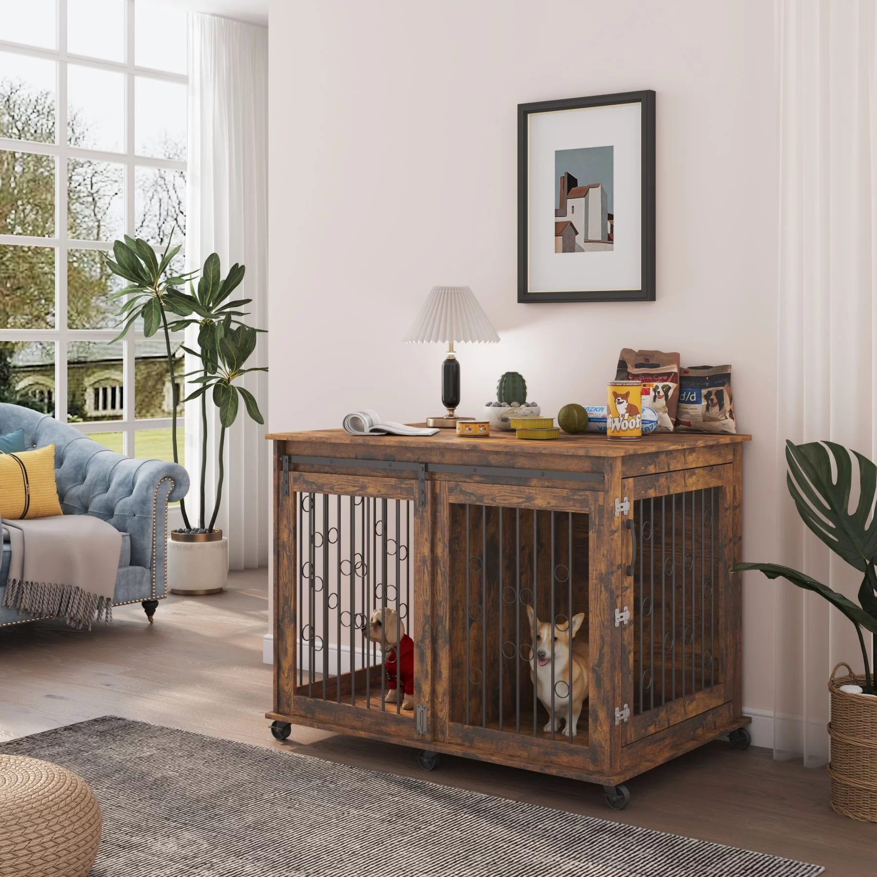 Ouyessir Dog Crate Furniture with Sliding Barn Door,Upgraded Large Wooden Dog Kennel End Table with Wheels and Flip-top Plate Dog House(Rustic Brown)