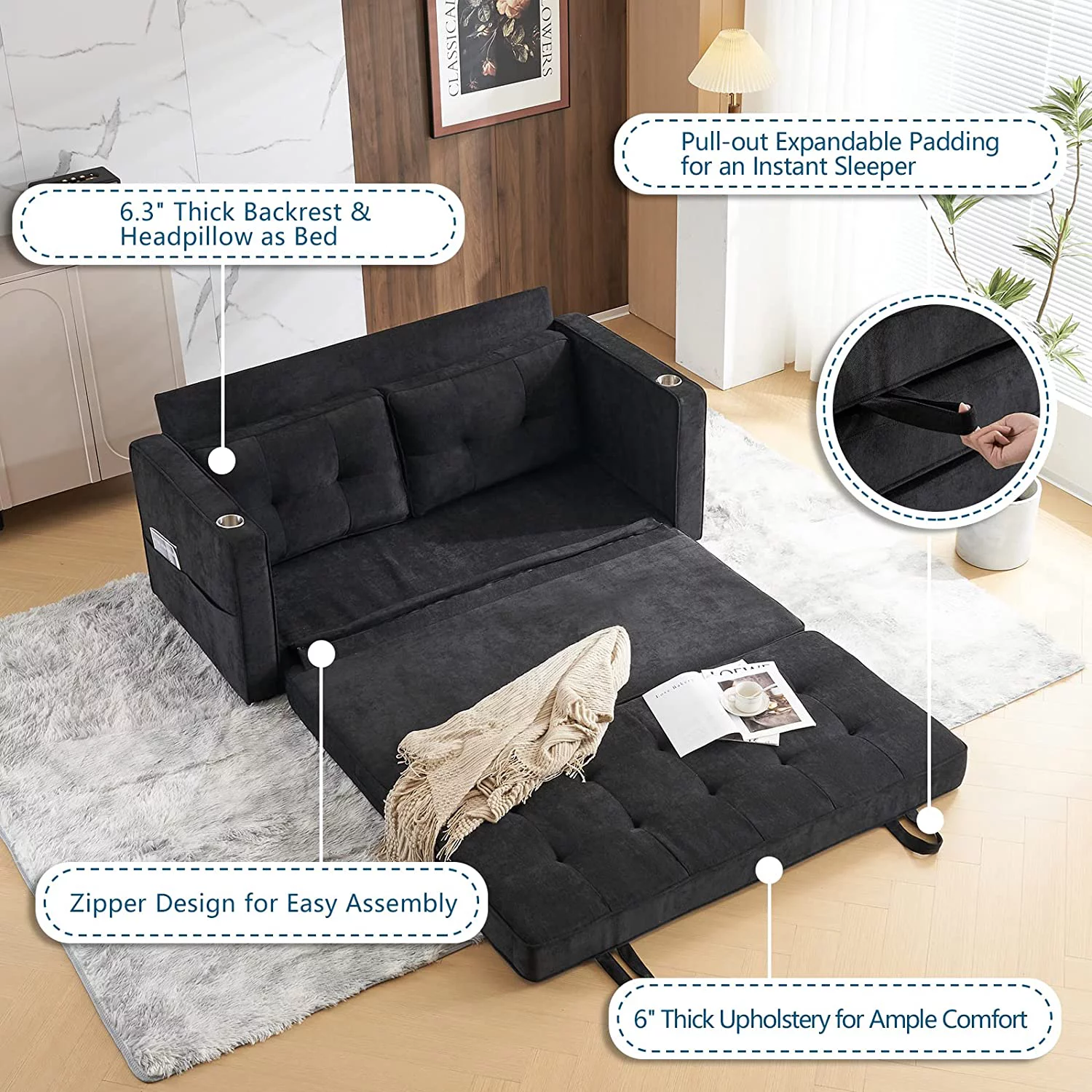 VINGLI Upgraded 64" W 84" L Full Size Futon Sofa Bed, 6" Thick Upholstery Chenille Loveseat Sofa Sleeper Pull Out Couch