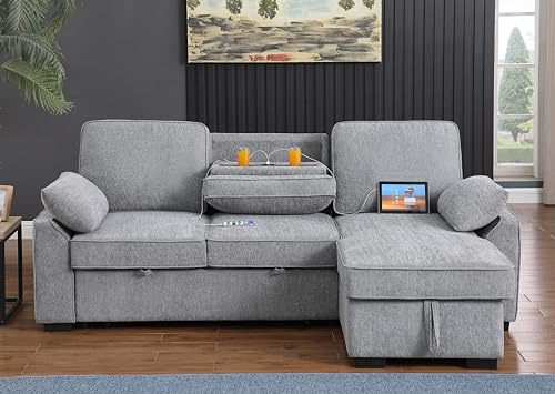 L-Shaped Pull Out Sleep Sofabed,Modern Reversible Sleeper Sectional Sofa Chenille Upholstered Button Tufted Decor with Storage Chaise