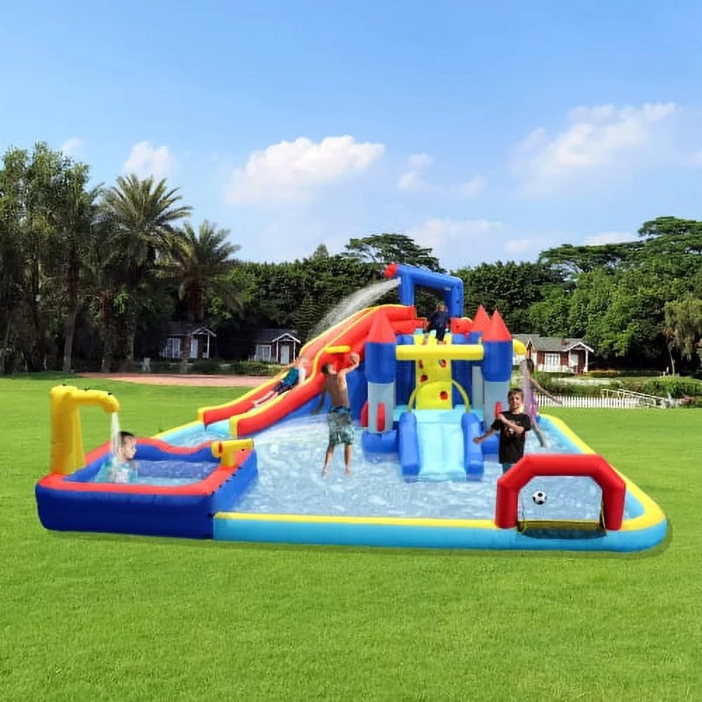 10 in1 Inflatable slide water park bouncing house garden with splash pool & water gun & basketball & climbing wall & dual pools & soccer
