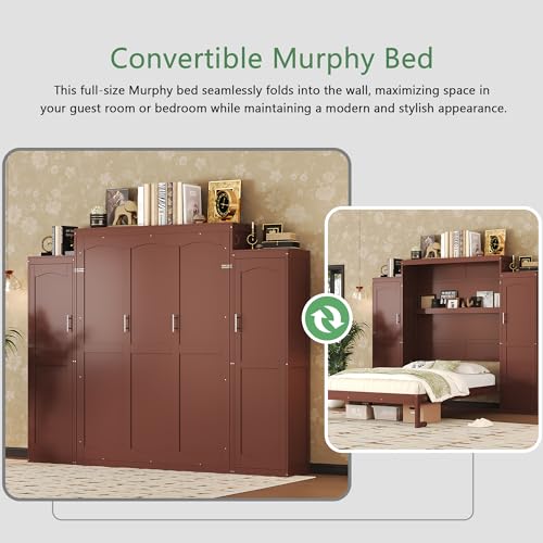Polib Full Size Murphy Bed with Two Wardrobes and Storage Shelf, Space-Saving Wall Cabinet Bed with Foldable Platform Bedframe for Small Bedrooms