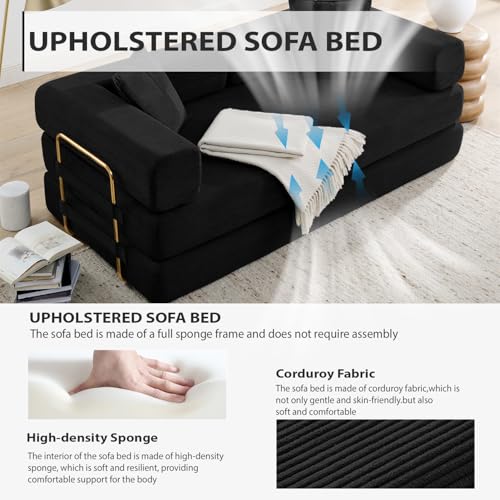 4-in-1 Folding Convertible Sofa Bed, 78 Inch Boneless Couch with Fixed-Shape Frame, Corduroy Loveseat Sleeper with Pull Out Bed