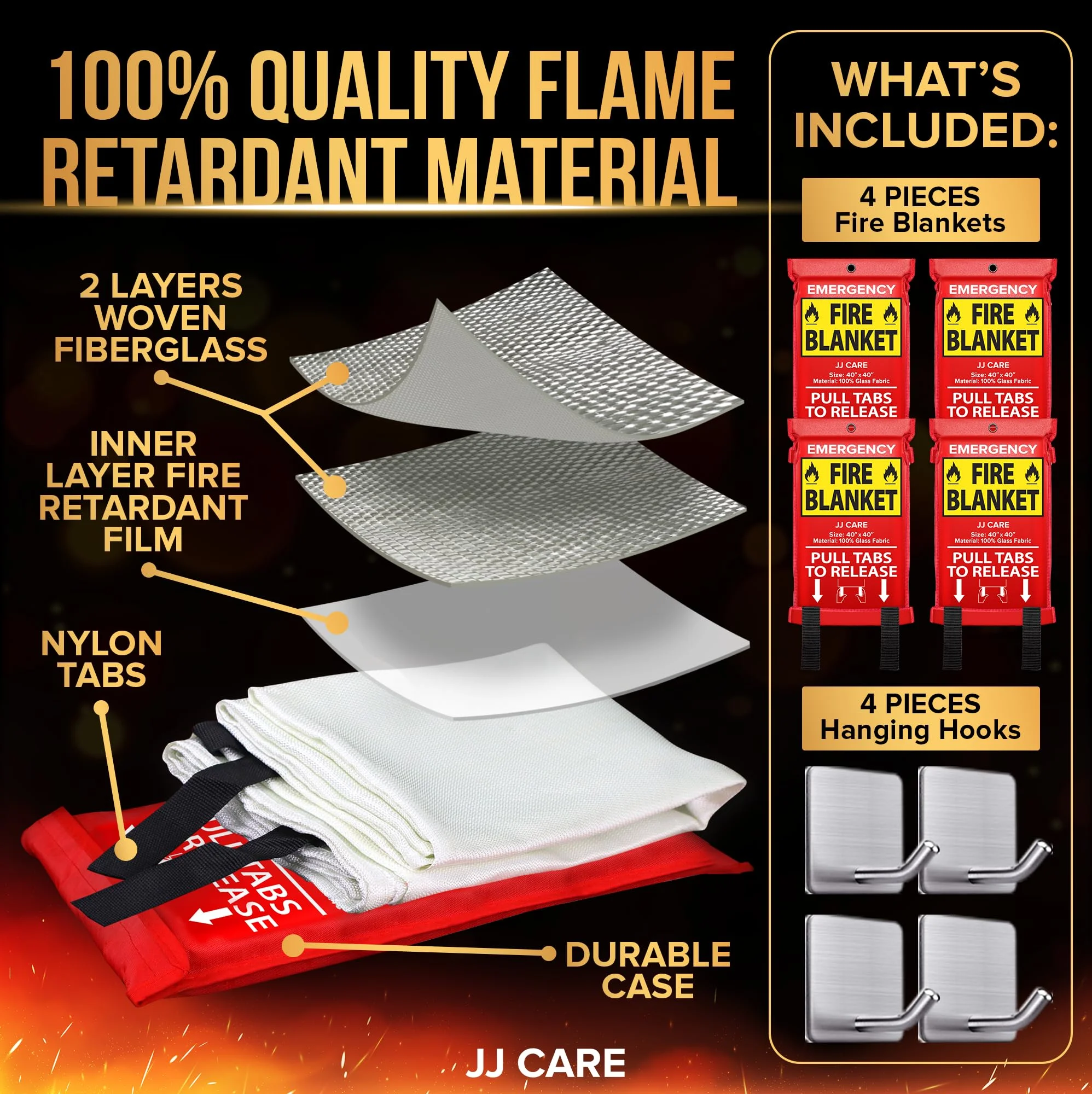 JJ CARE Fire Blanket – 4 Packs with Hooks – Emergency Fire Blanket for Home & Kitchen, High Heat Resistant Fire Suppression Blankets for Home Safety