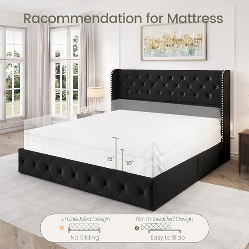King Size Bed Frame with 4 Storage Drawers and Tufted Headboard Linen Upholstered Platform Bed Frame Wingback Beds with Wooden Slats Support