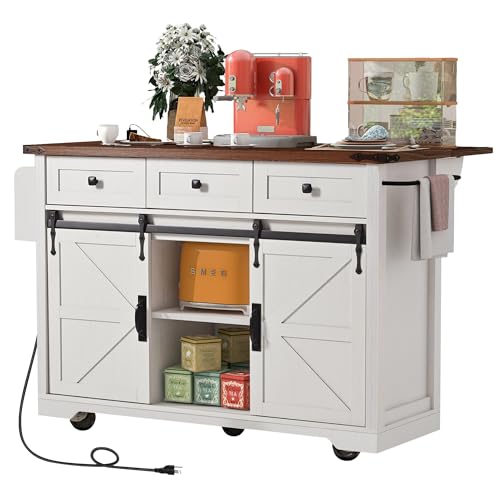 53.5''Farmhouse Kitchen Island with Power Outlet,Storage Cart W/Drop Leaf/Spice Rack/Drawer,Rolling KitchenCart on Wheels,for Home,Dining Room,White