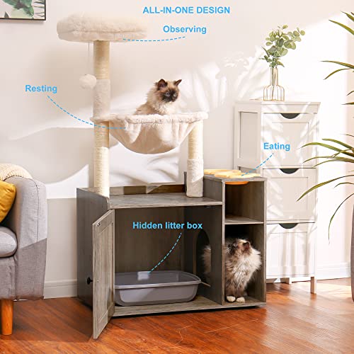 Hey-brother Cat Tree with XL Litter Box Enclosure, All-in-one Cat Tower for Indoor Cats with Large Hammock, Bed, Food Station, Scratching Posts