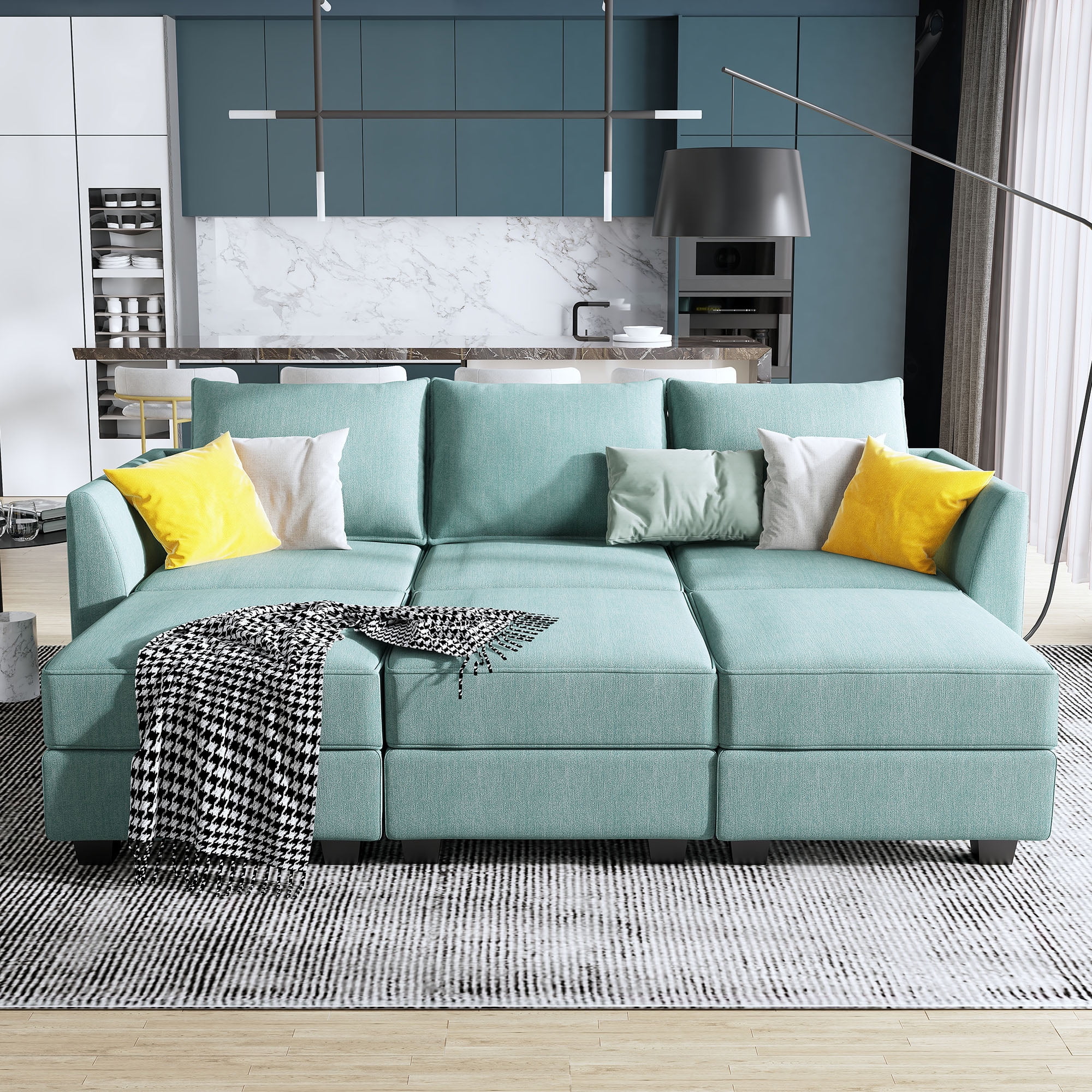 HONBAY Modern Convertible 6 Pieces Fabric Sleeper Sectional Couch Sofa Bed with Storage Ottomans, Aqua Blue - Curated Treasures Market