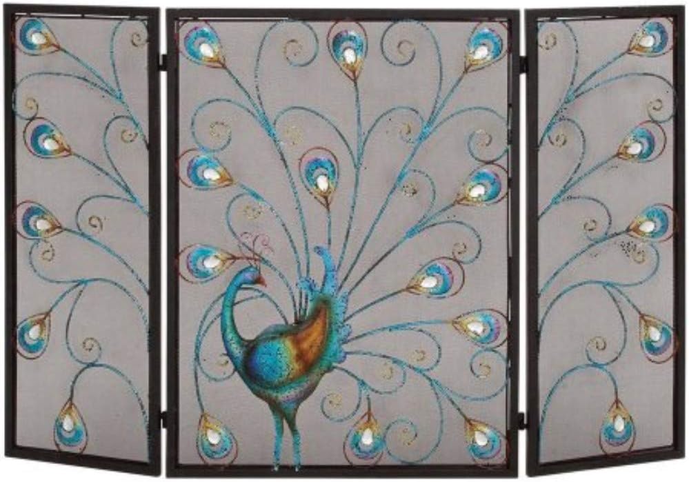 Benzara Domed Top Leaf Patterned Single Panel Metal Fire Screen, Bronze and Green Pack of 2